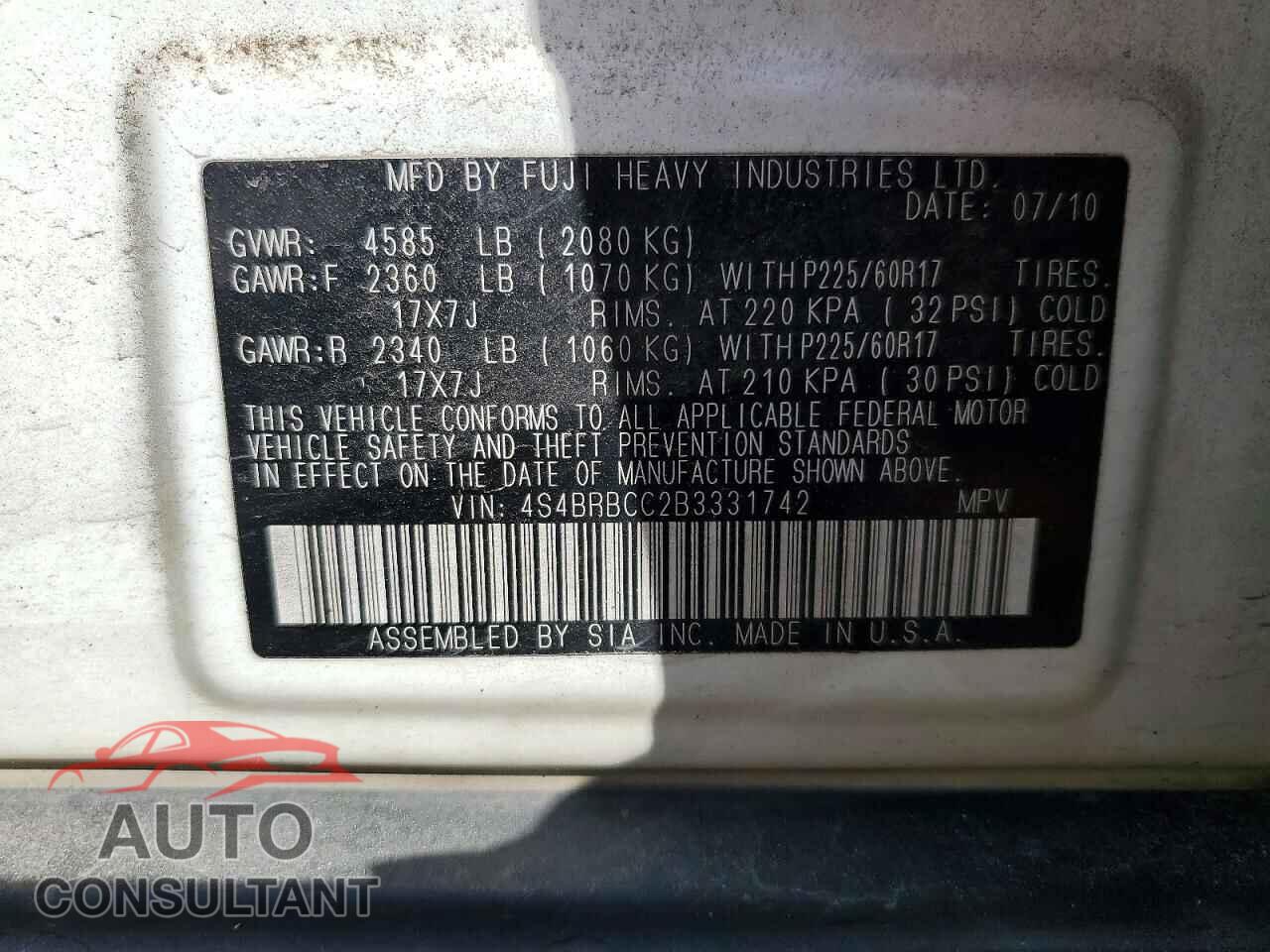 SUBARU OUTBACK 2011 - 4S4BRBCC2B3331742