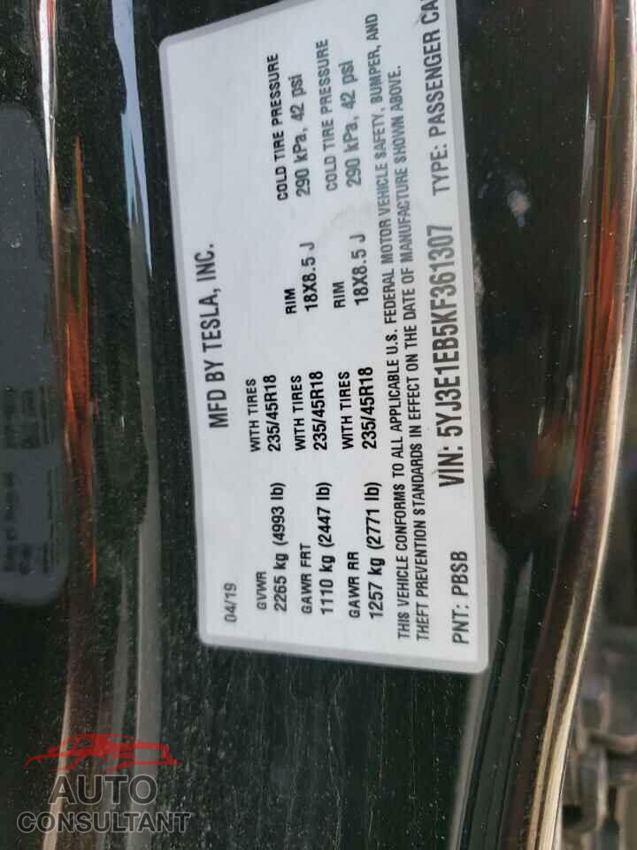 TESLA MODEL 3 2019 - 5YJ3E1EB5KF361307