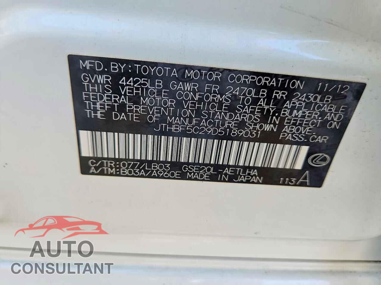 LEXUS IS 2013 - JTHBF5C29D5189031
