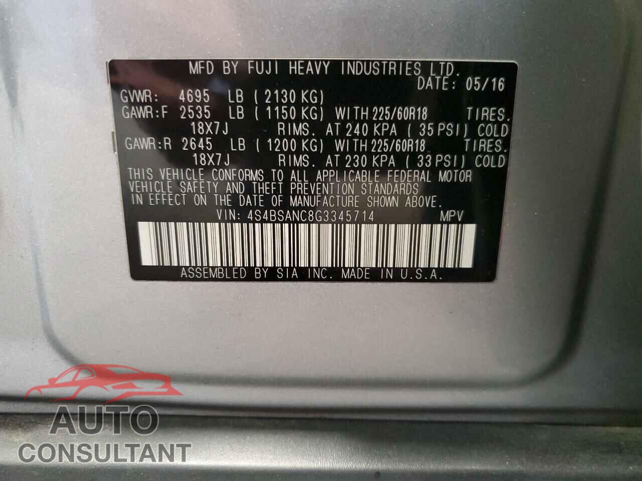 SUBARU OUTBACK 2016 - 4S4BSANC8G3345714
