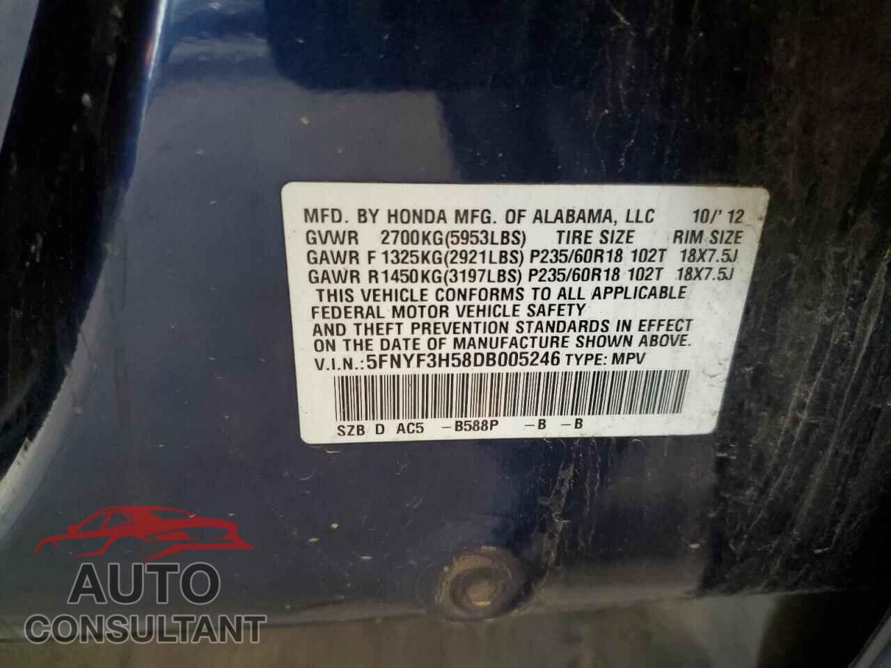 HONDA PILOT 2013 - 5FNYF3H58DB005246