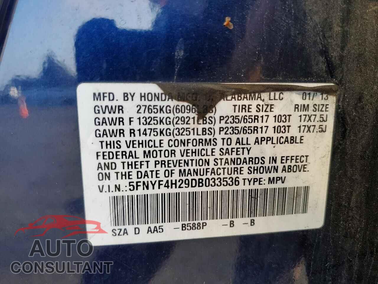 HONDA PILOT 2013 - 5FNYF4H29DB033536