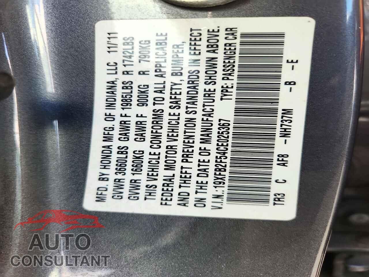 HONDA CIVIC 2012 - 19XFB2F54CE025367