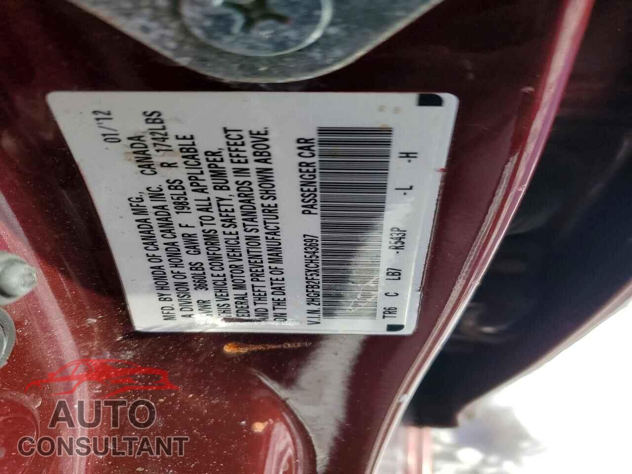 HONDA CIVIC 2012 - 2HGFB2F5XCH543697