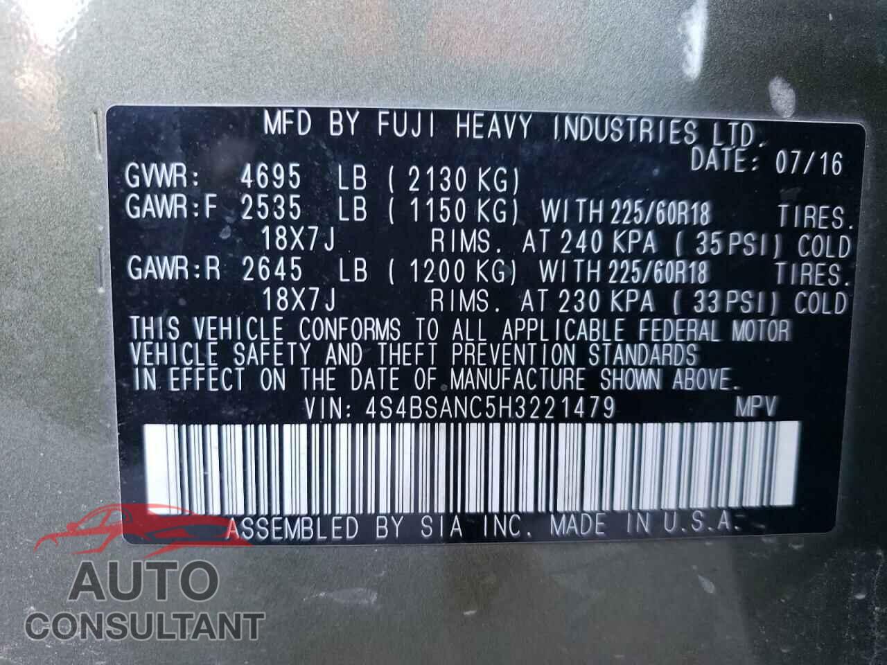SUBARU OUTBACK 2017 - 4S4BSANC5H3221479