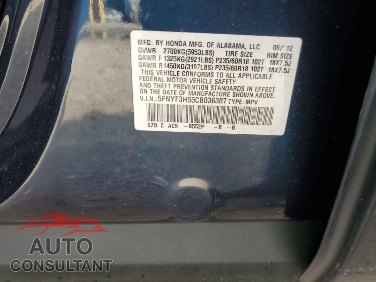 HONDA PILOT 2012 - 5FNYF3H55CB036307