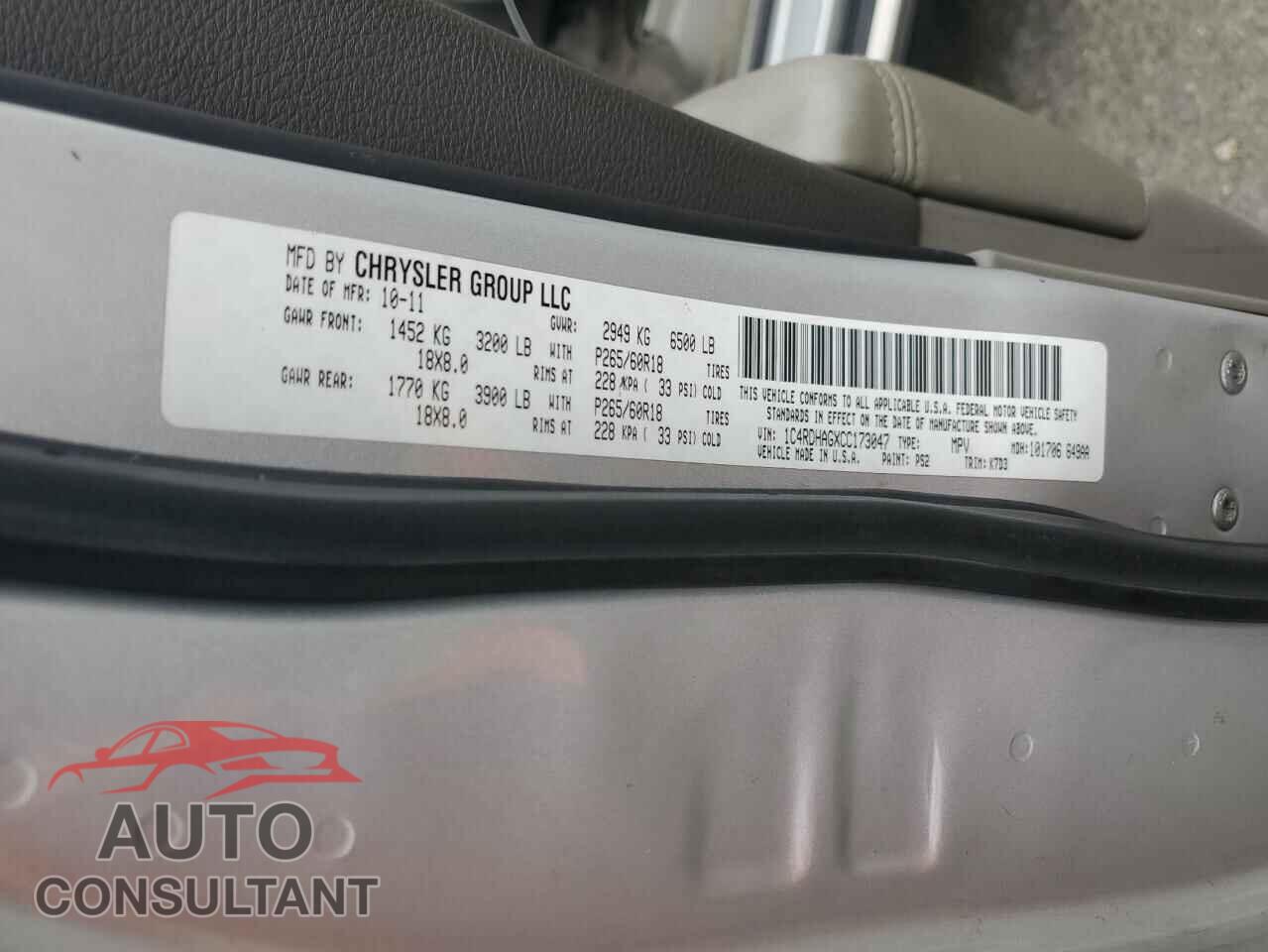 DODGE DURANGO 2012 - 1C4RDHAGXCC173047