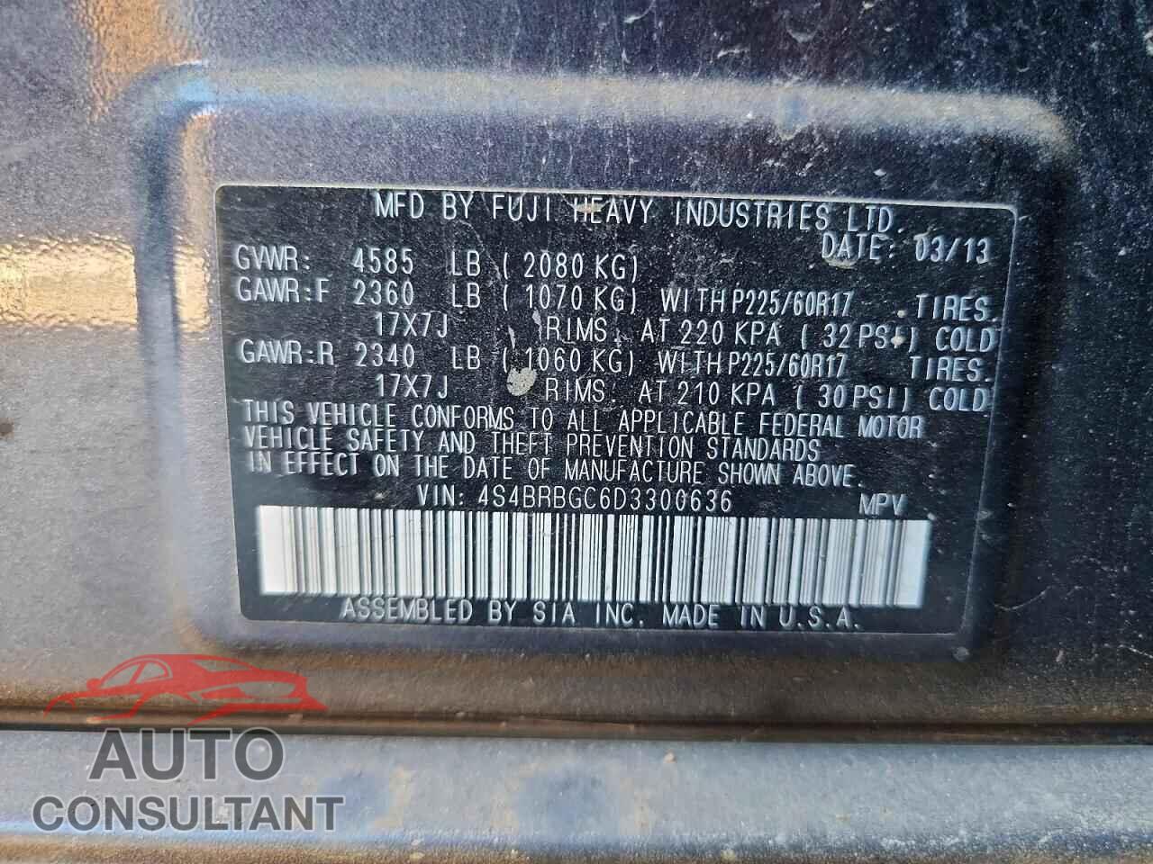 SUBARU OUTBACK 2013 - 4S4BRBGC6D3300636