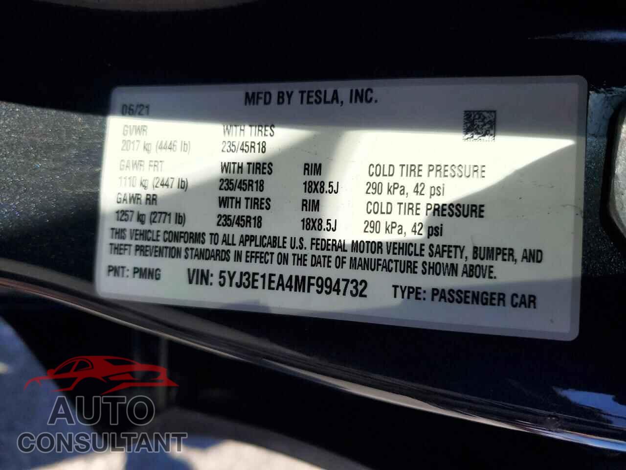 TESLA MODEL 3 2021 - 5YJ3E1EA4MF994732
