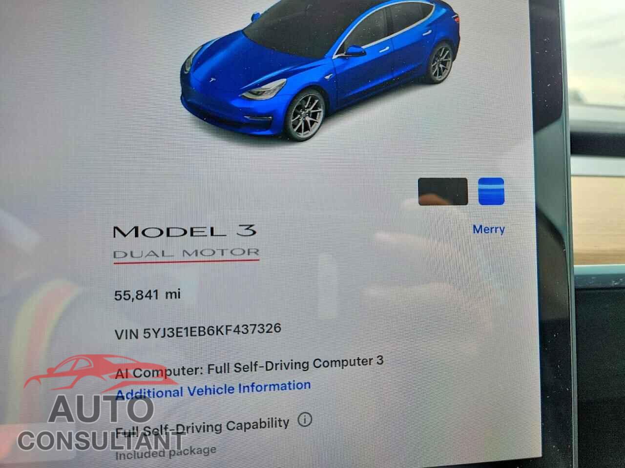 TESLA MODEL 3 2019 - 5YJ3E1EB6KF437326