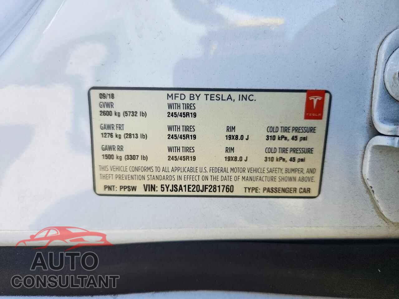 TESLA MODEL S 2018 - 5YJSA1E20JF281760