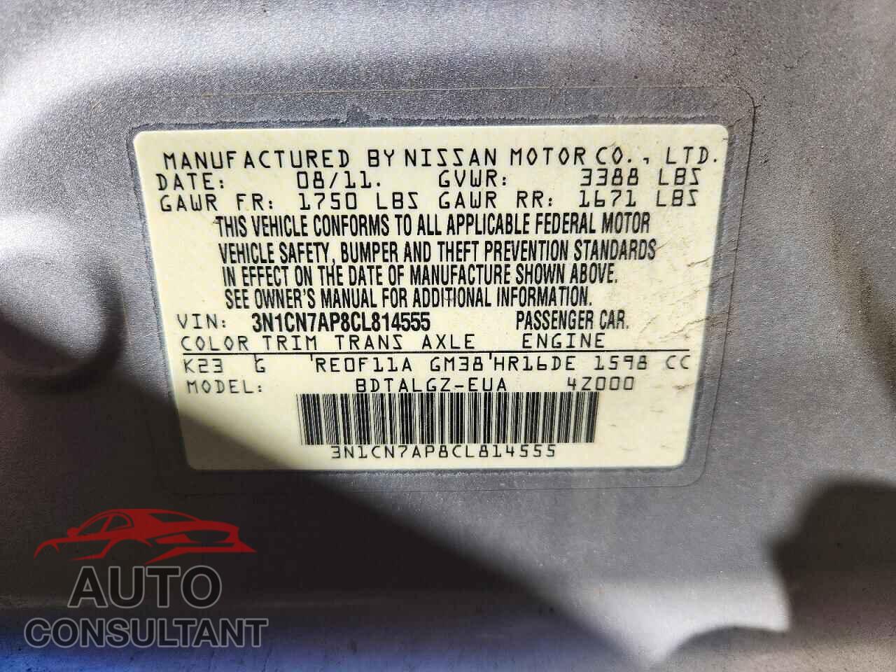 NISSAN VERSA 2012 - 3N1CN7AP8CL814555