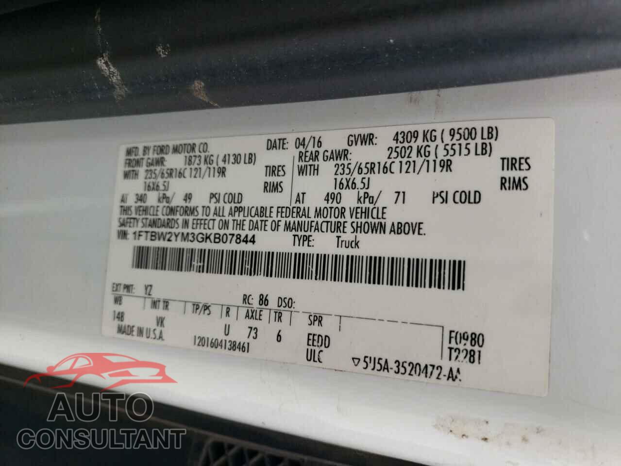 FORD TRANSIT 2016 - 1FTBW2YM3GKB07844