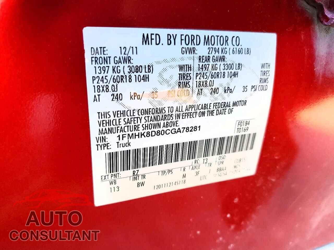 FORD EXPLORER 2012 - 1FMHK8D80CGA78281