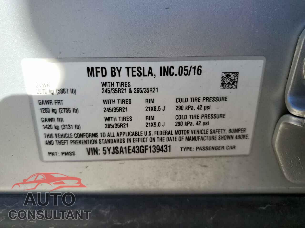TESLA MODEL S 2016 - 5YJSA1E43GF139431