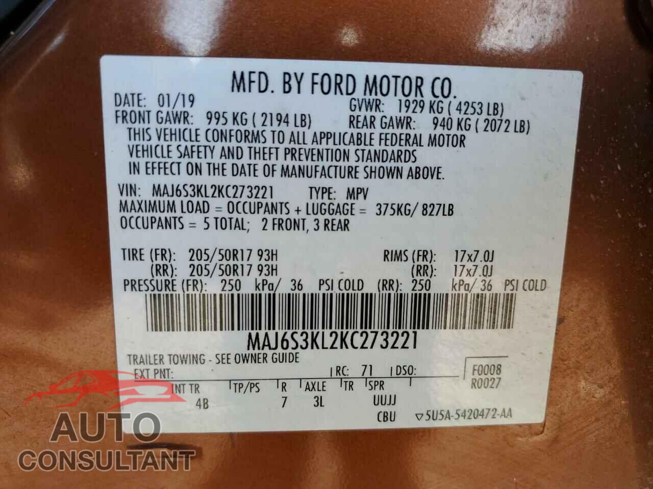 FORD ECOSPORT 2019 - MAJ6S3KL2KC273221
