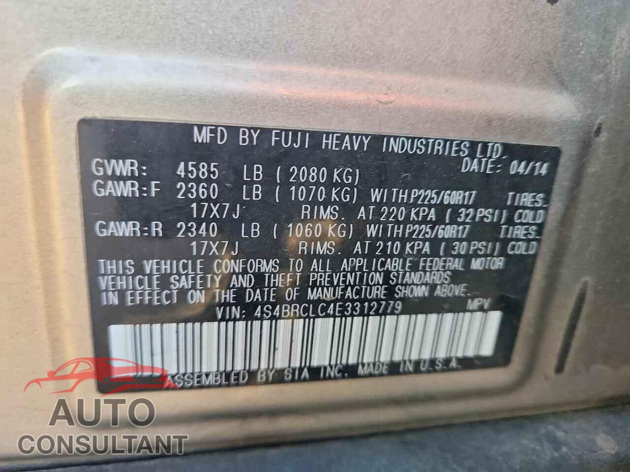 SUBARU OUTBACK 2014 - 4S4BRCLC4E3312779