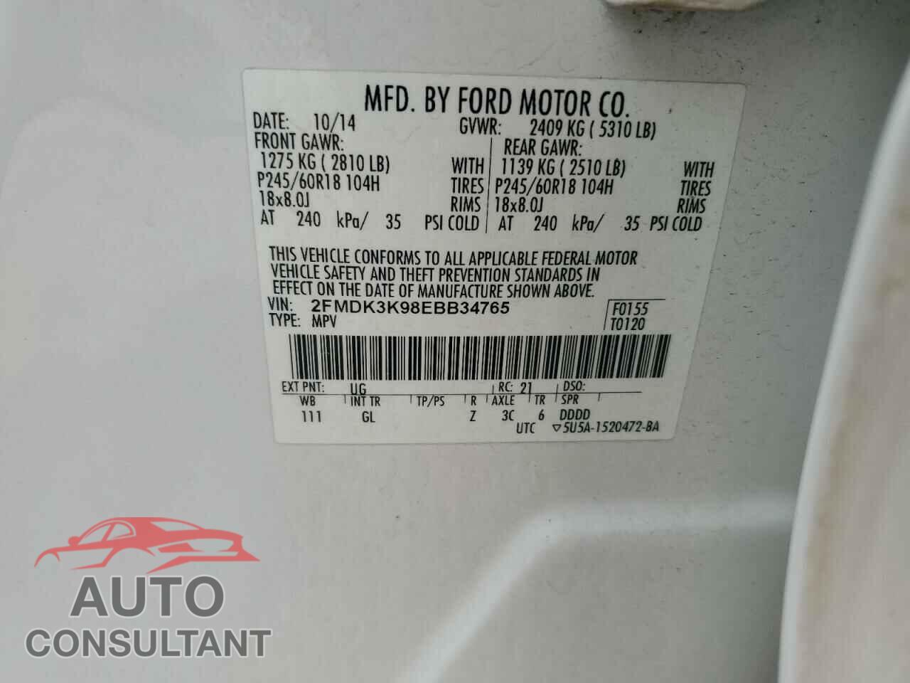 FORD EDGE 2014 - 2FMDK3K98EBB34765
