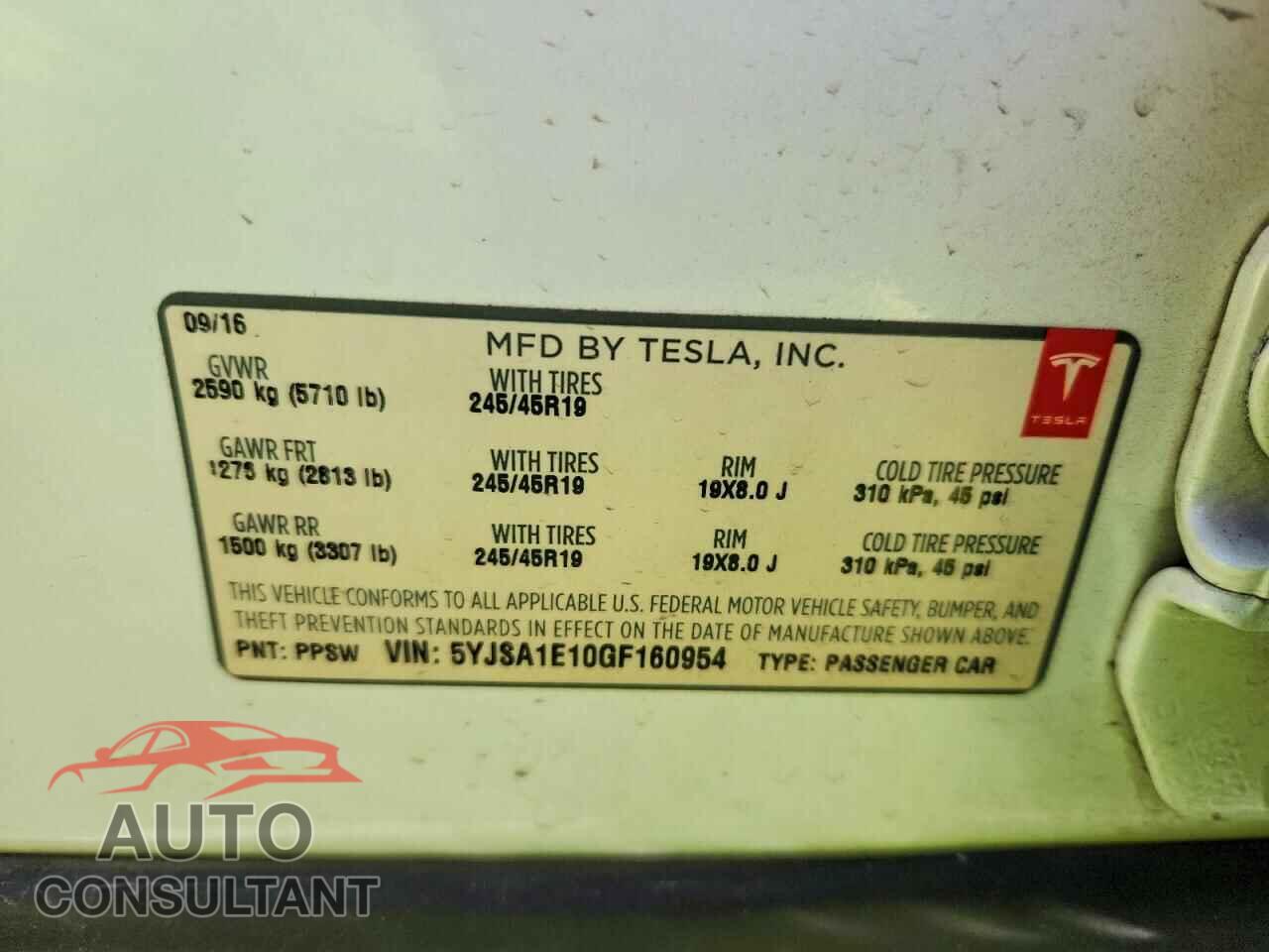 TESLA MODEL S 2016 - 5YJSA1E10GF160954