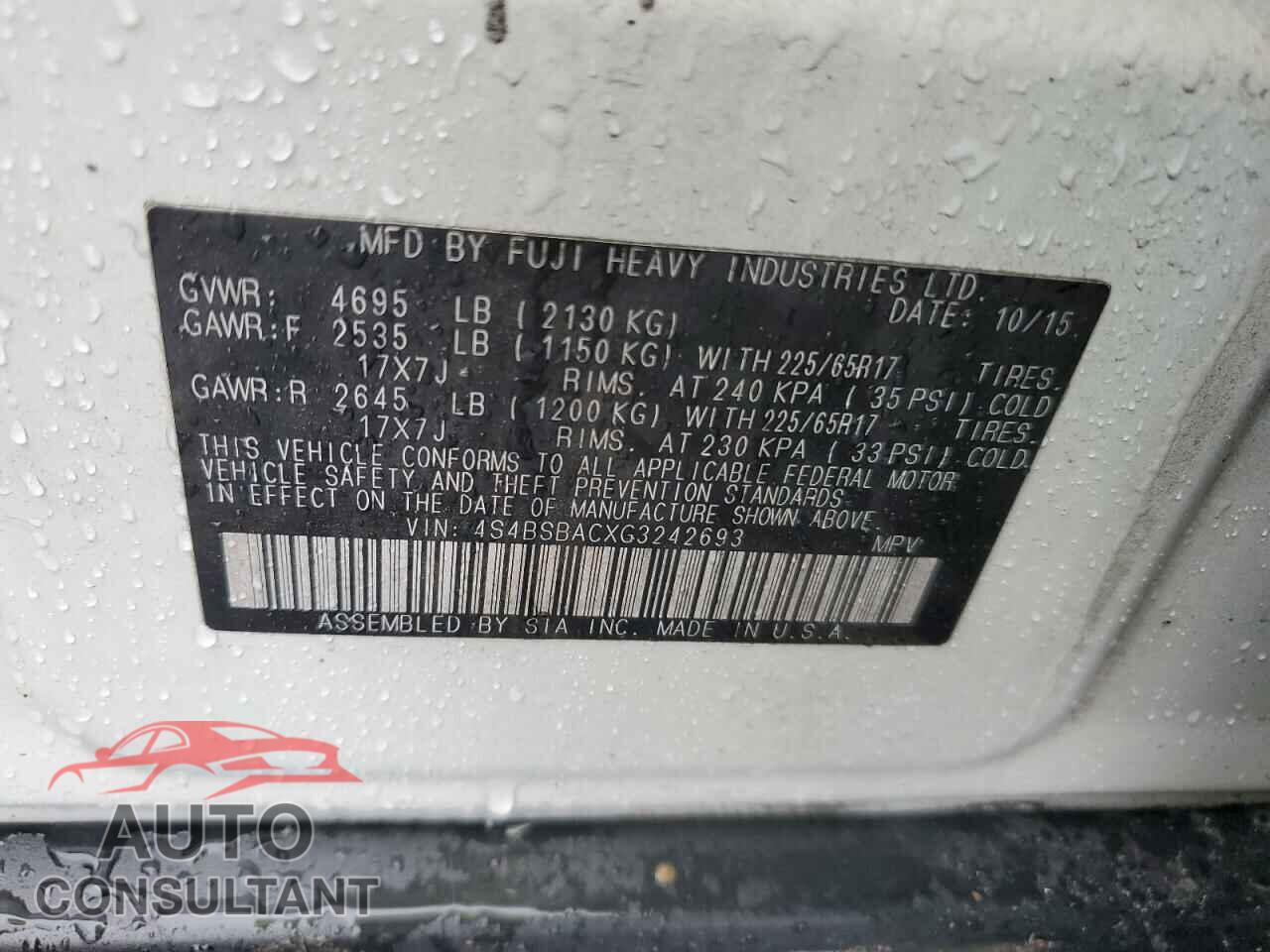 SUBARU OUTBACK 2016 - 4S4BSBACXG3242693