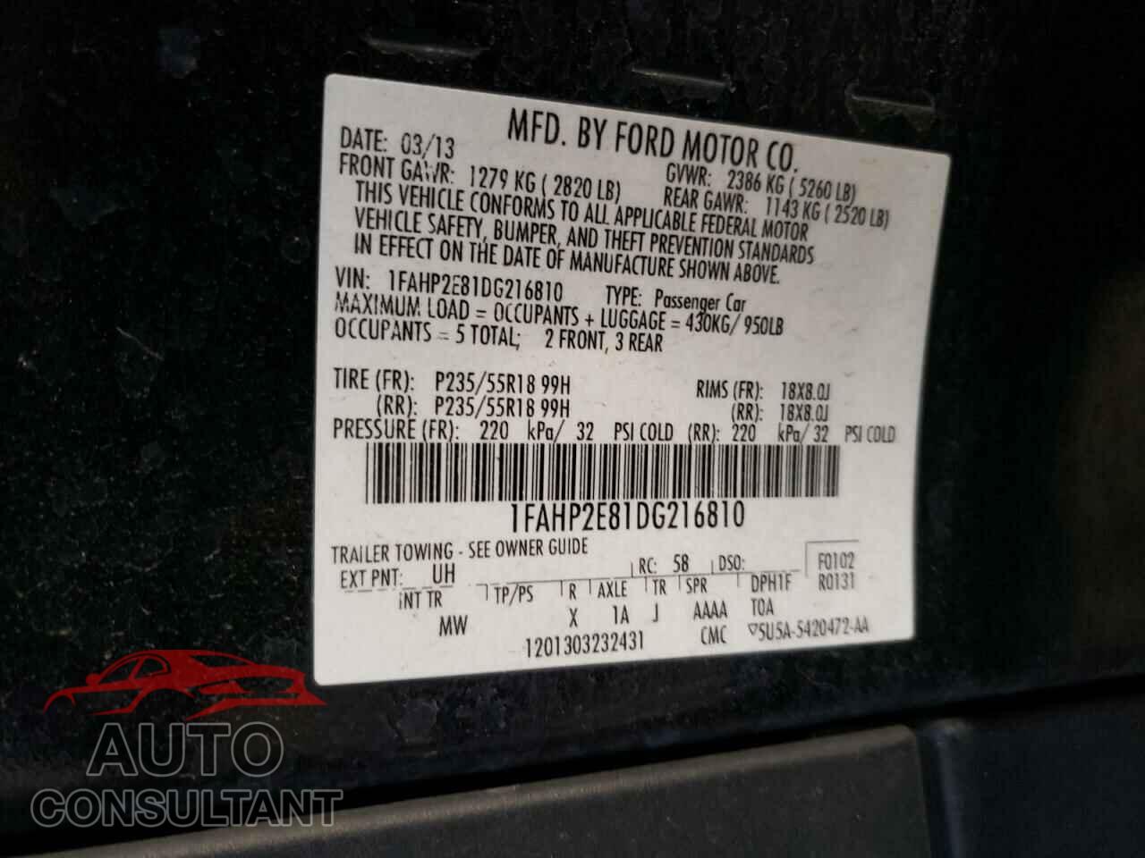 FORD TAURUS 2013 - 1FAHP2E81DG216810