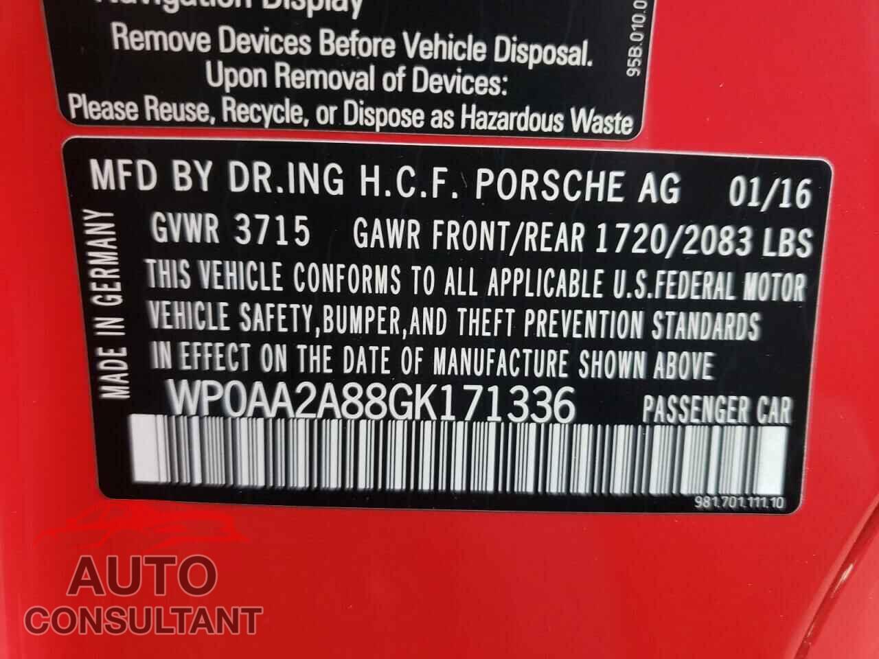 PORSCHE CAYMAN 2016 - WP0AA2A88GK171336