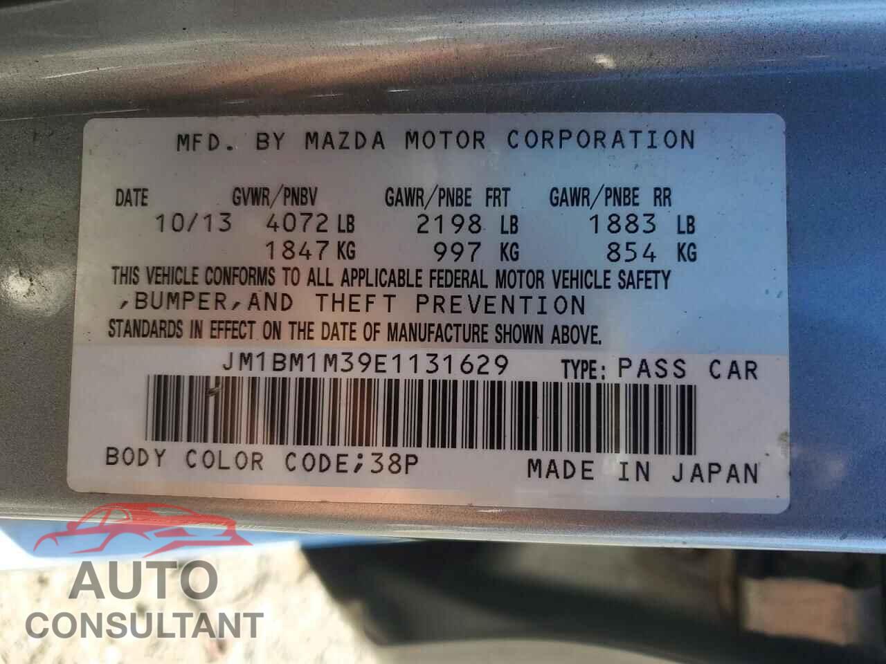 MAZDA 3 2014 - JM1BM1M39E1131629