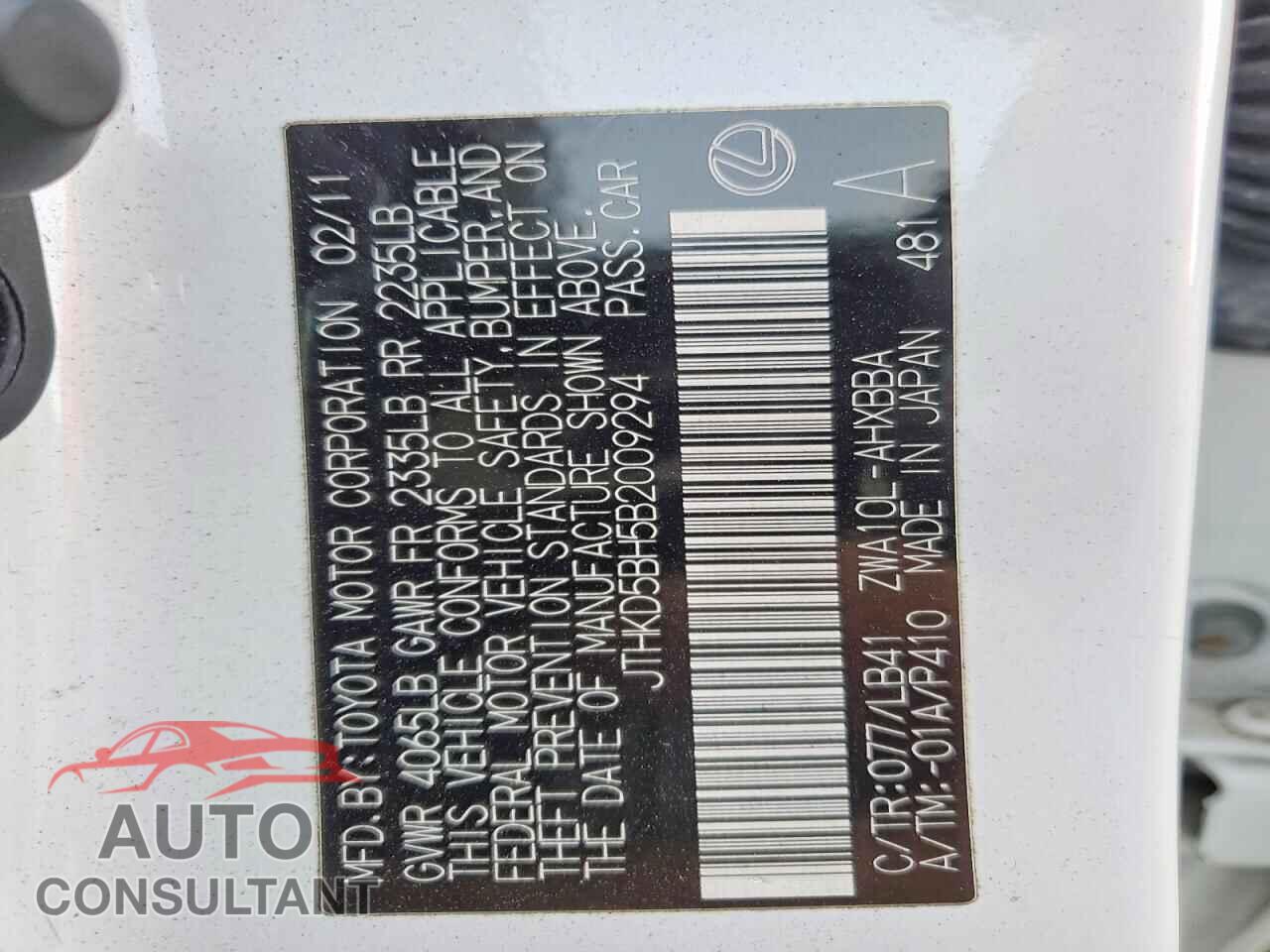 LEXUS CT 200 2011 - JTHKD5BH5B2009294
