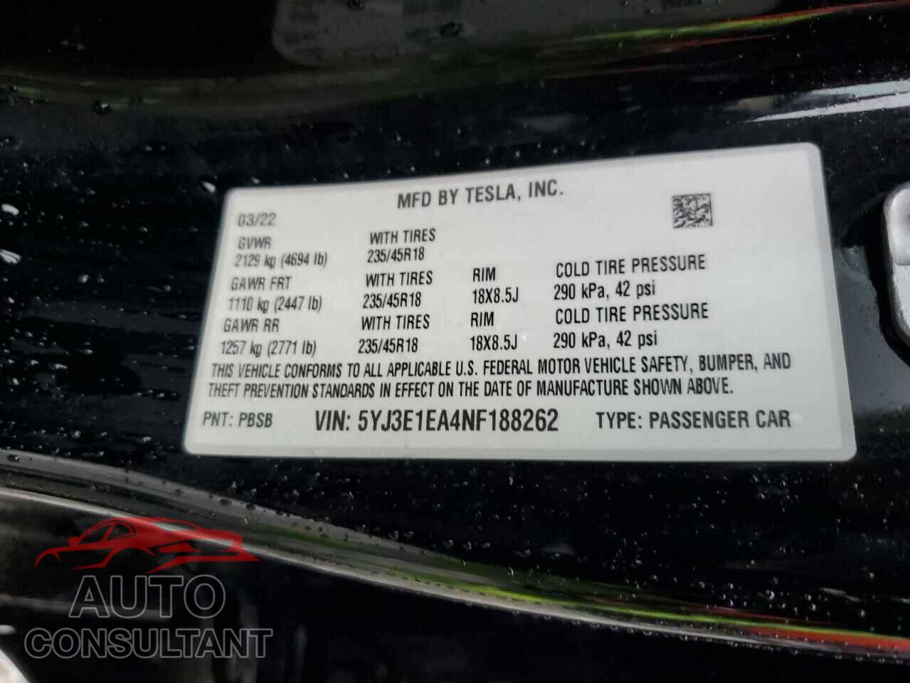 TESLA MODEL 3 2022 - 5YJ3E1EA4NF188262
