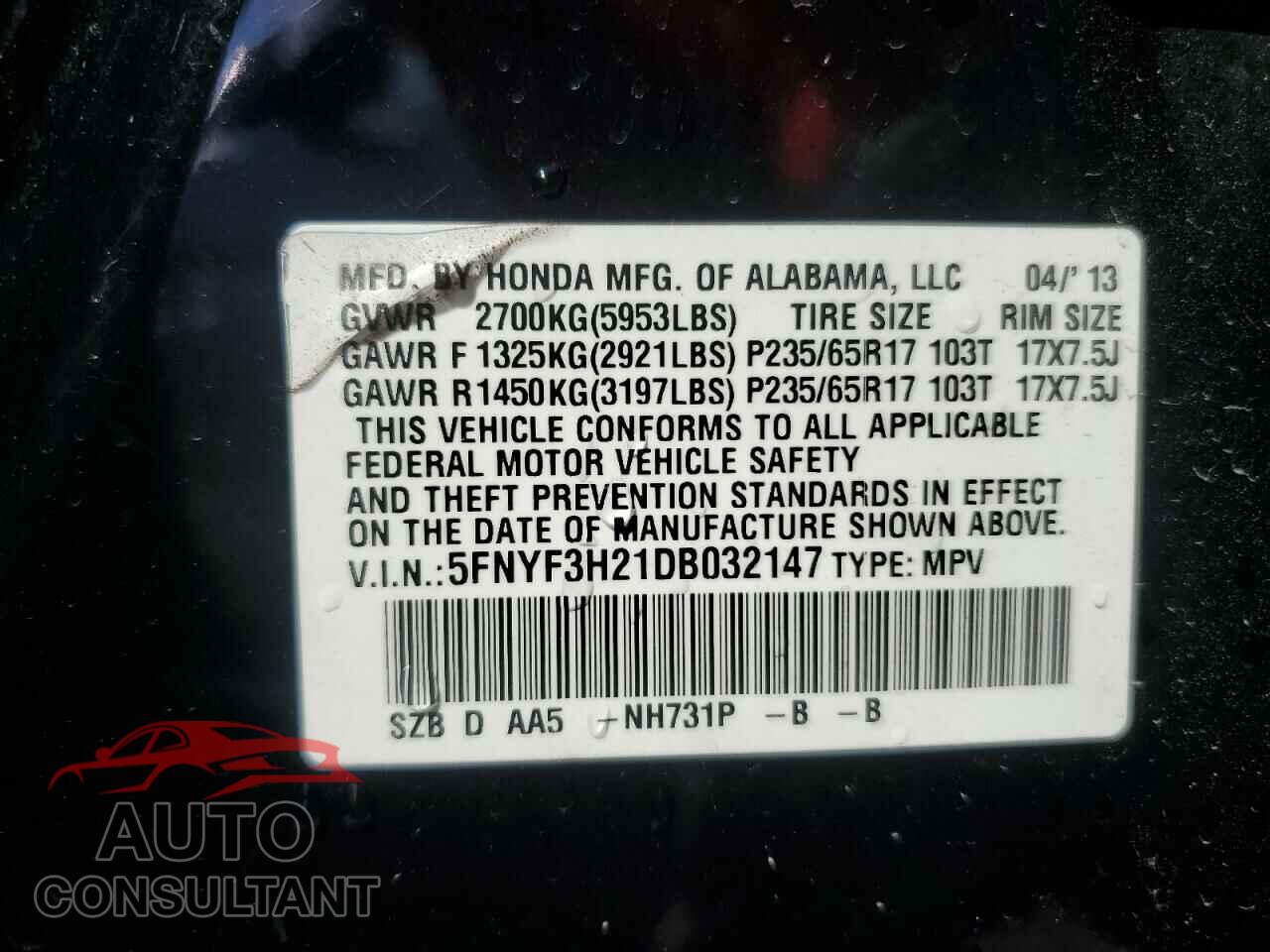 HONDA PILOT 2013 - 5FNYF3H21DB032147
