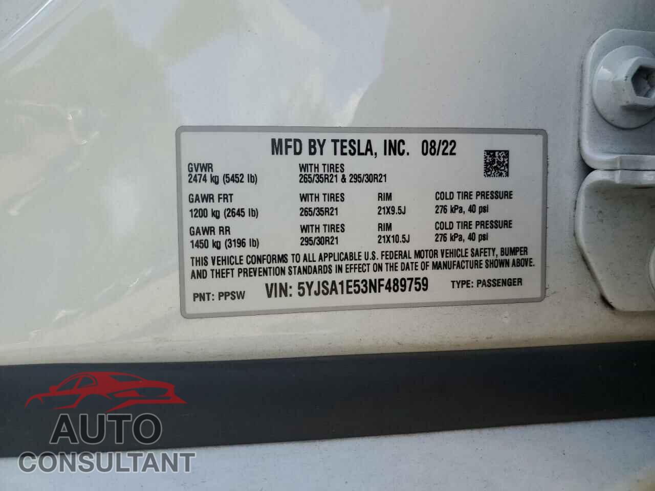 TESLA MODEL S 2022 - 5YJSA1E53NF489759