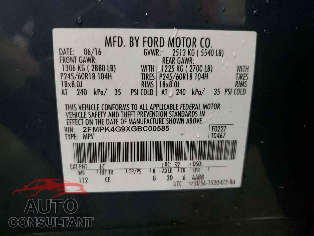 FORD EDGE 2016 - 2FMPK4G9XGBC00585