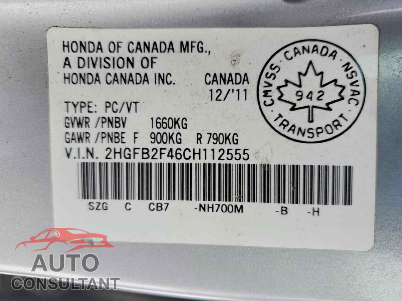 HONDA CIVIC 2012 - 2HGFB2F46CH112555