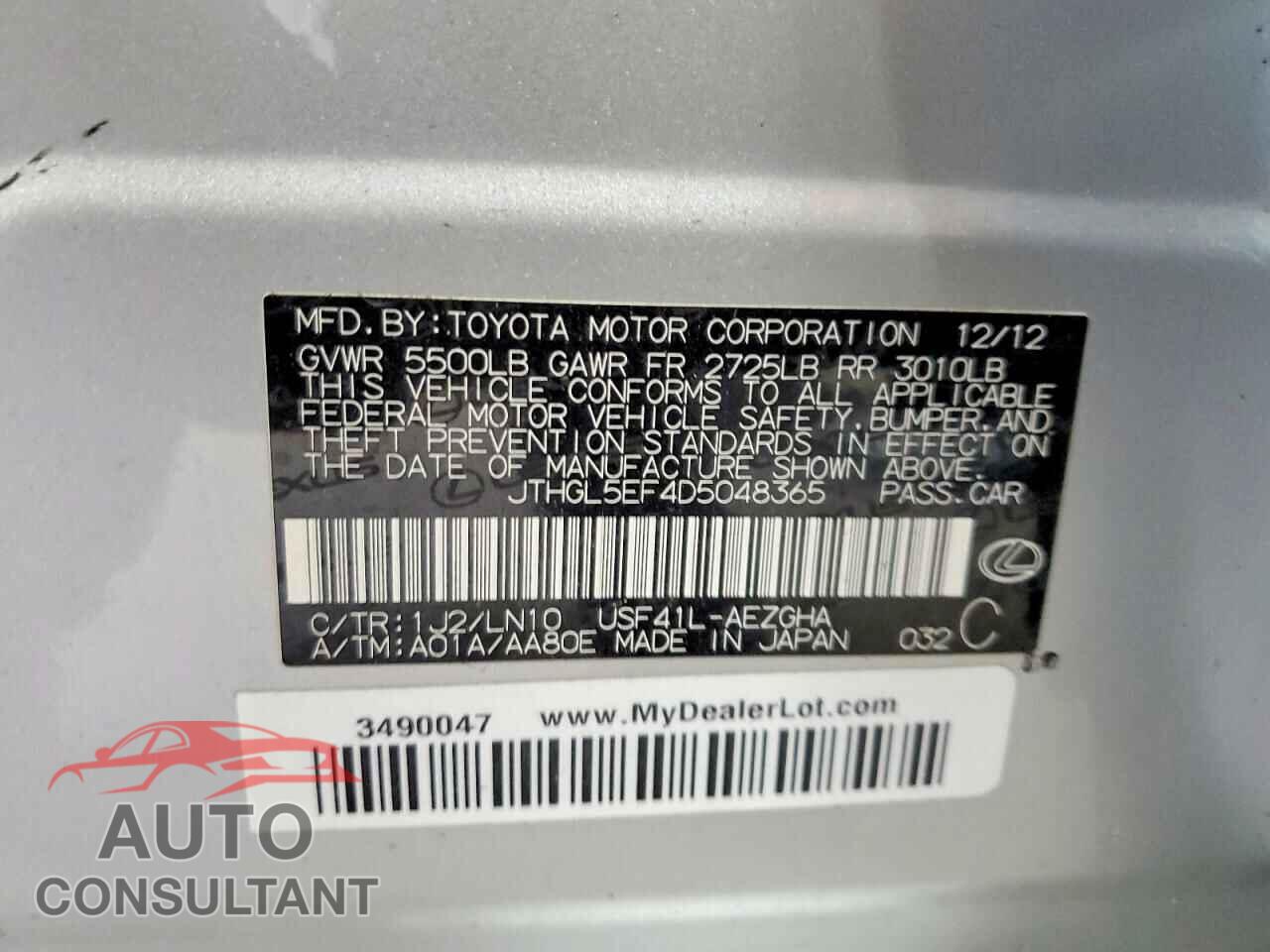 LEXUS LS460 2013 - JTHGL5EF4D5048365