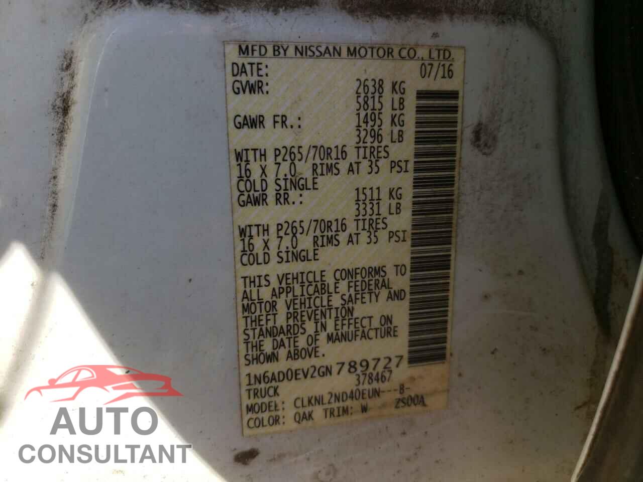 NISSAN FRONTIER 2016 - 1N6AD0EV2GN789727
