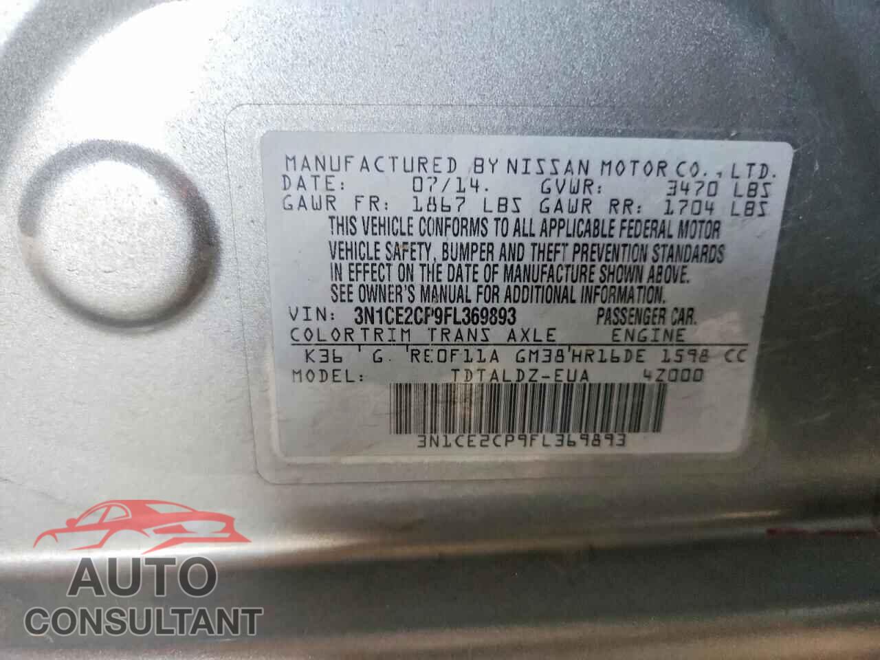 NISSAN VERSA NOTE 2015 - 3N1CE2CP9FL369893