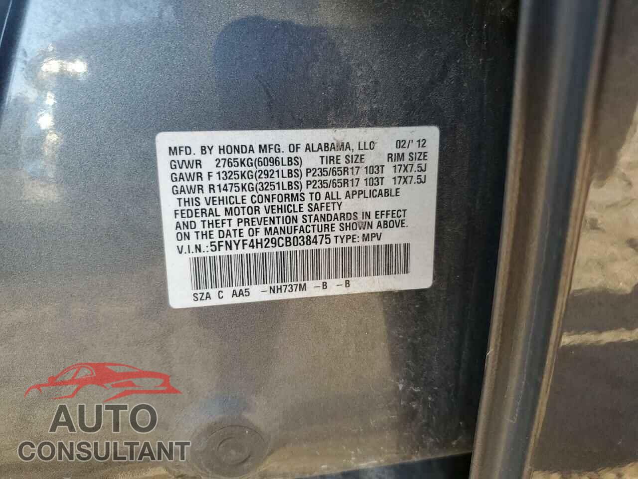 HONDA PILOT 2012 - 5FNYF4H29CB038475