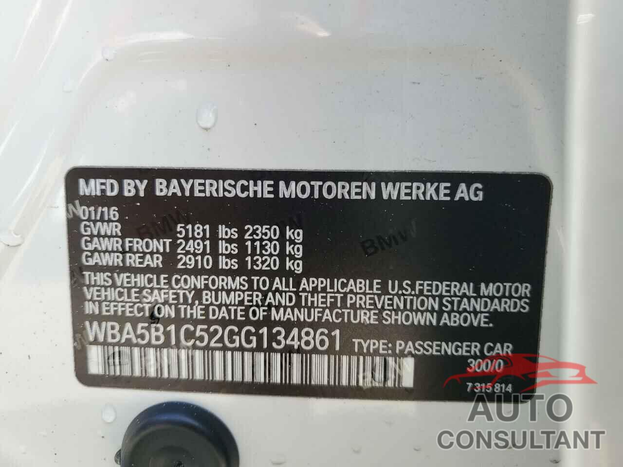 BMW 5 SERIES 2016 - WBA5B1C52GG134861