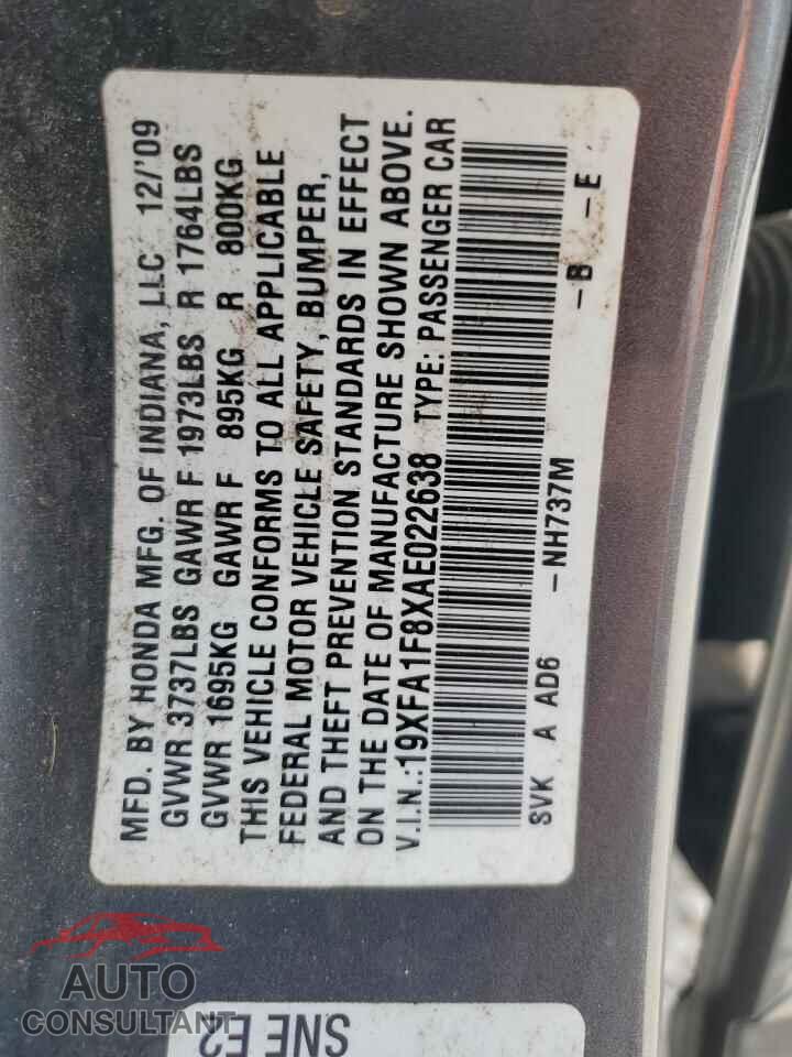 HONDA CIVIC 2010 - 19XFA1F8XAE022638