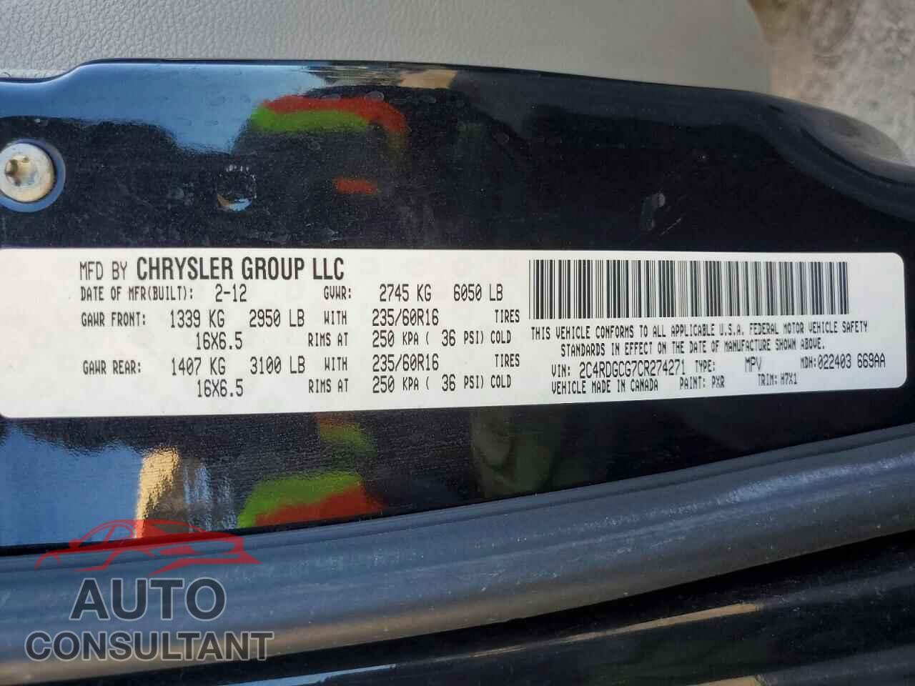 DODGE CARAVAN 2012 - 2C4RDGCG7CR274271