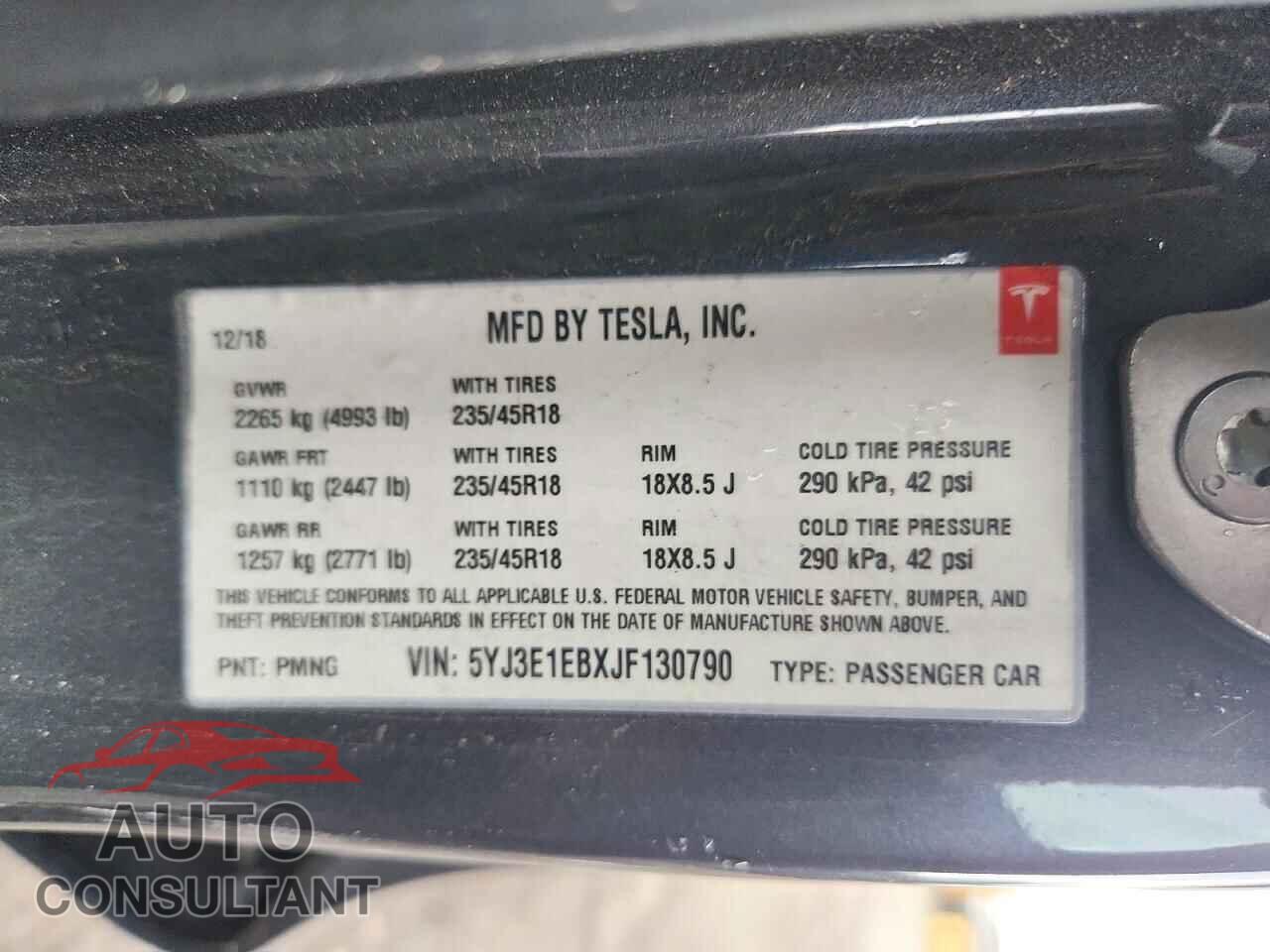 TESLA MODEL 3 2018 - 5YJ3E1EBXJF130790
