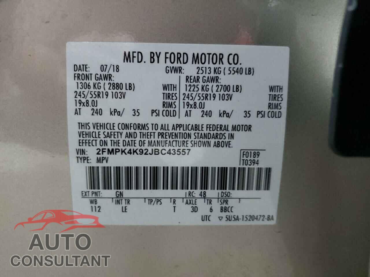 FORD EDGE 2018 - 2FMPK4K92JBC43557