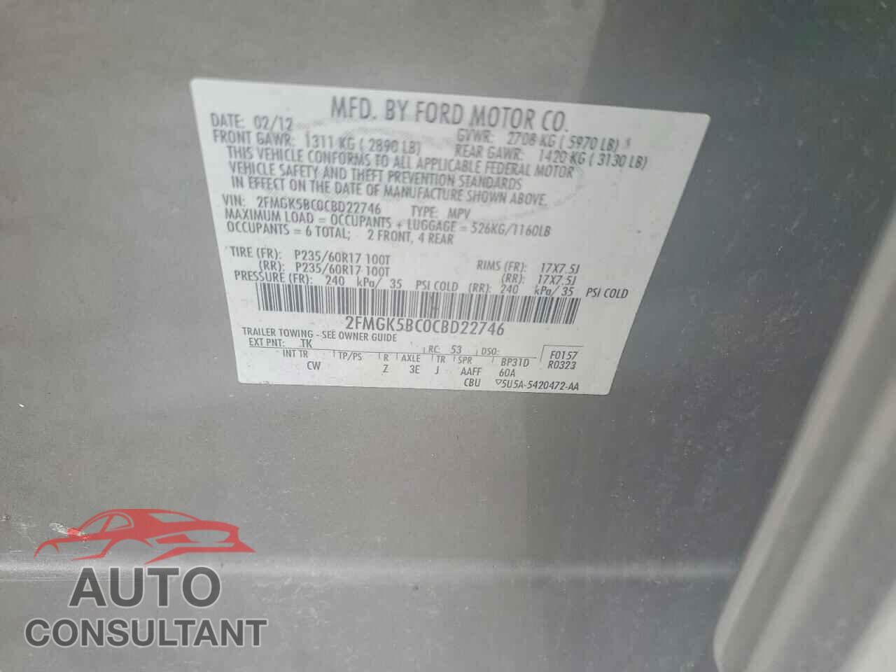 FORD FLEX 2012 - 2FMGK5BC0CBD22746