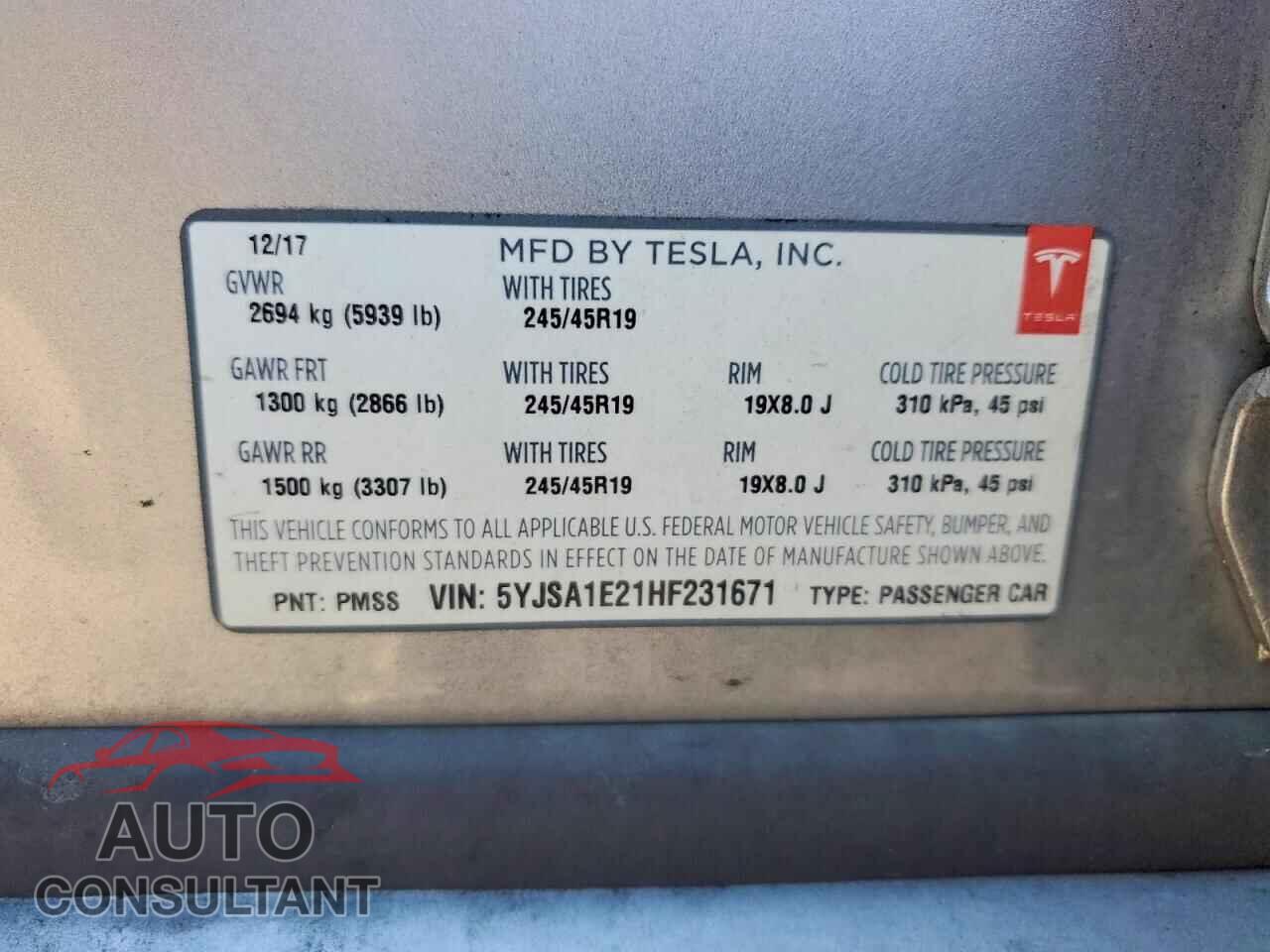 TESLA MODEL S 2017 - 5YJSA1E21HF231671