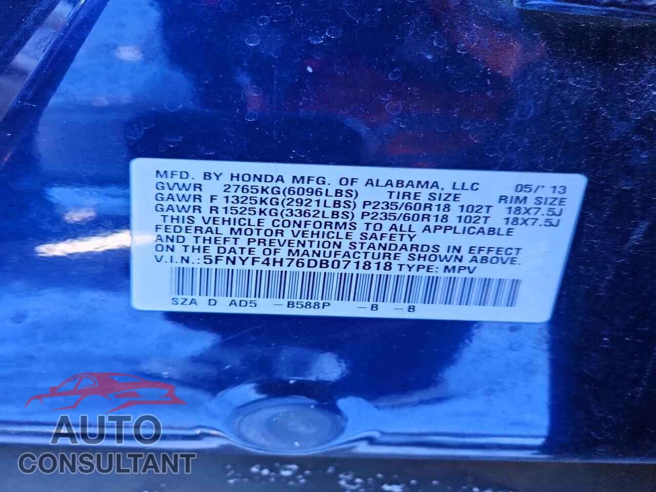 HONDA PILOT 2013 - 5FNYF4H76DB071818