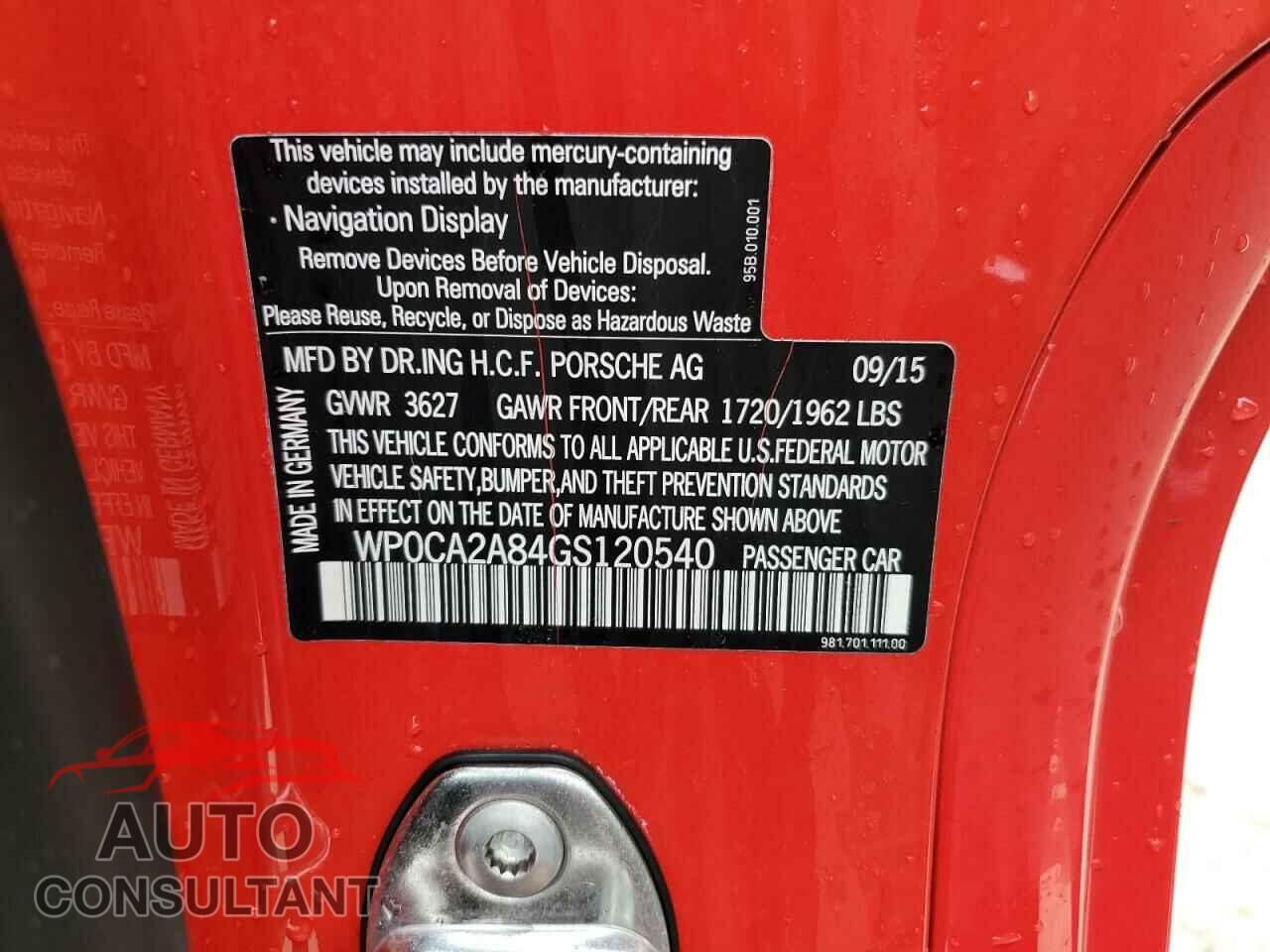PORSCHE BOXSTER 2016 - WP0CA2A84GS120540