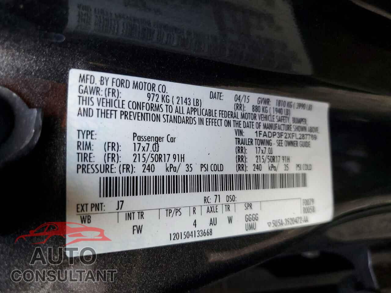 FORD FOCUS 2015 - 1FADP3F2XFL287769