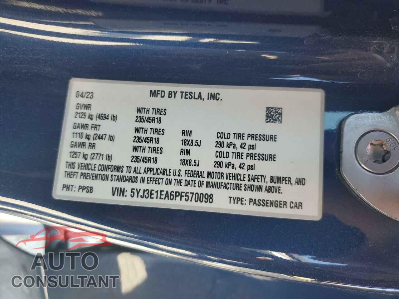 TESLA MODEL 3 2023 - 5YJ3E1EA6PF570098