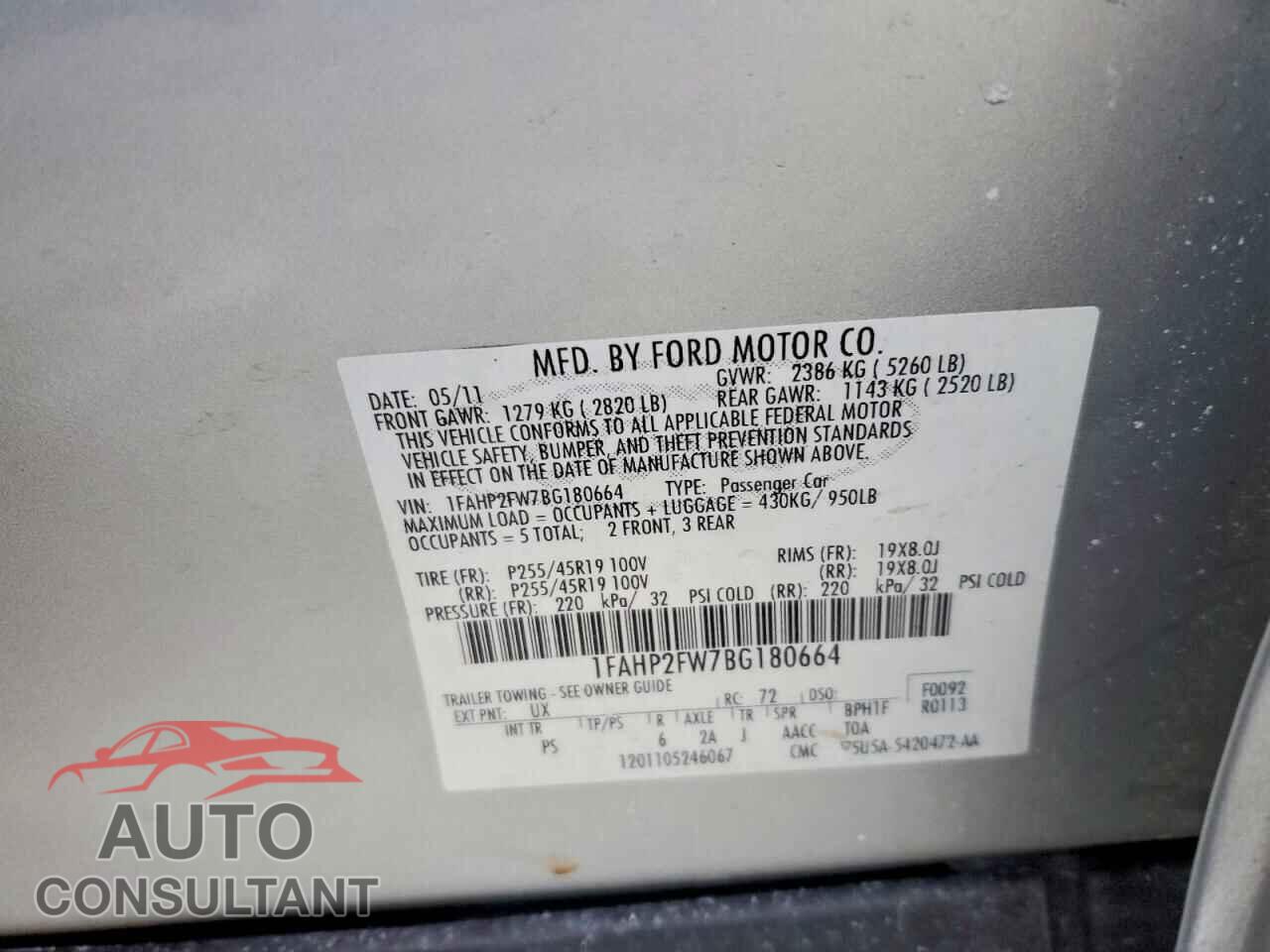 FORD TAURUS 2011 - 1FAHP2FW7BG180664