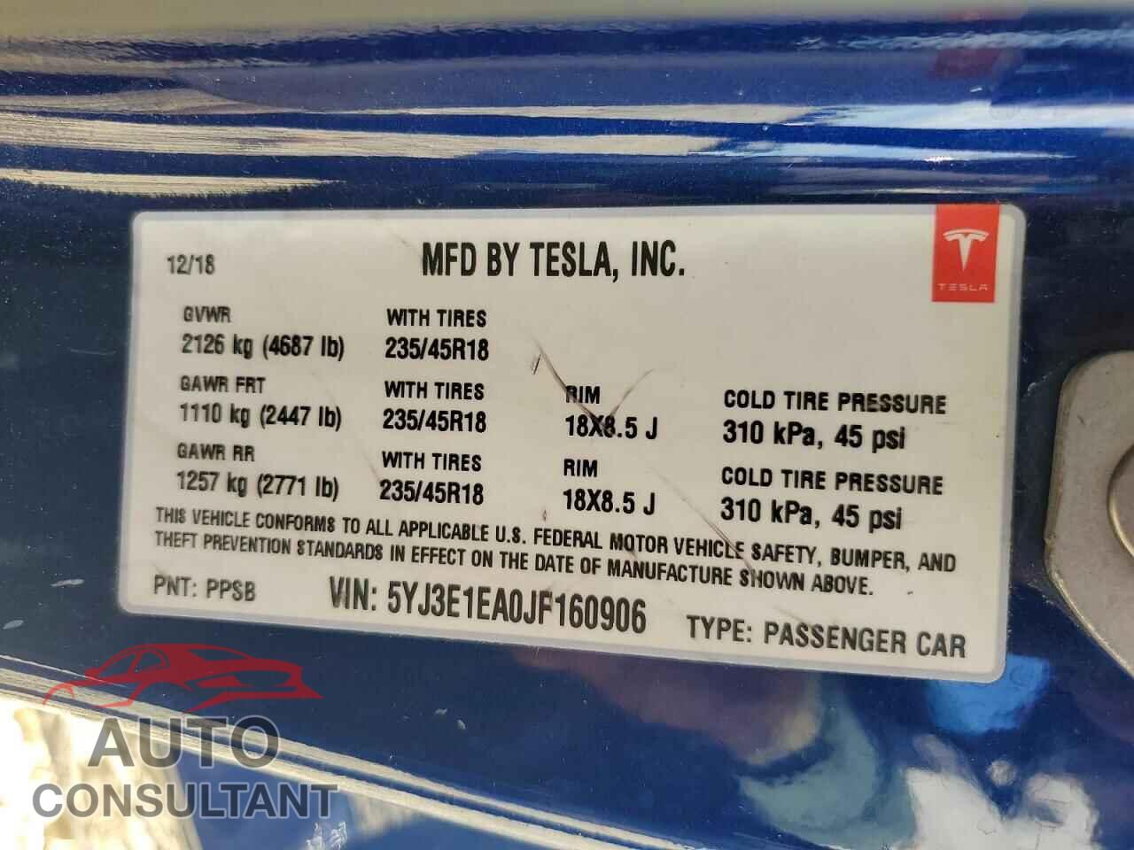 TESLA MODEL 3 2018 - 5YJ3E1EA0JF160906